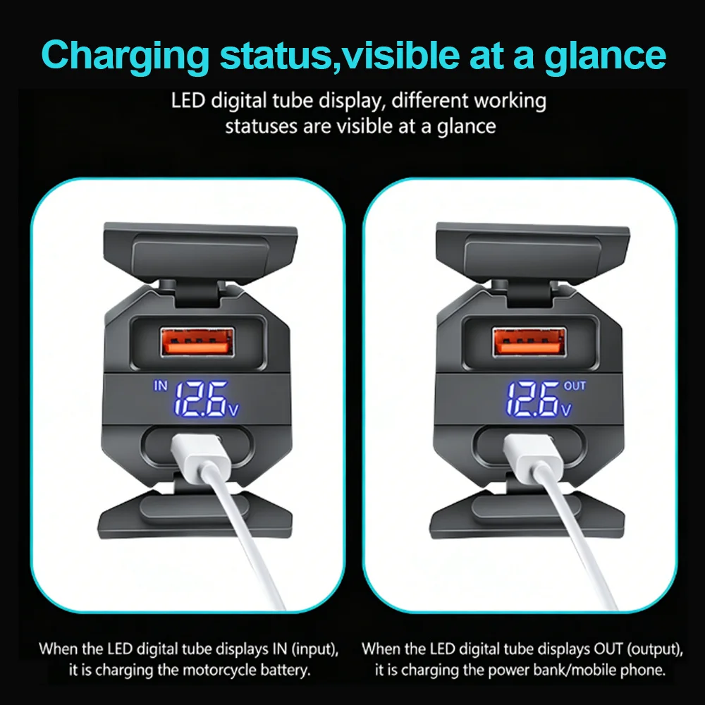 6.8A PD+QC3.0 Motorcycle Phone Charger Handlebar Dual USB Socket 60W Waterproof 12V Power Supply Adapter with Switch Voltmeter