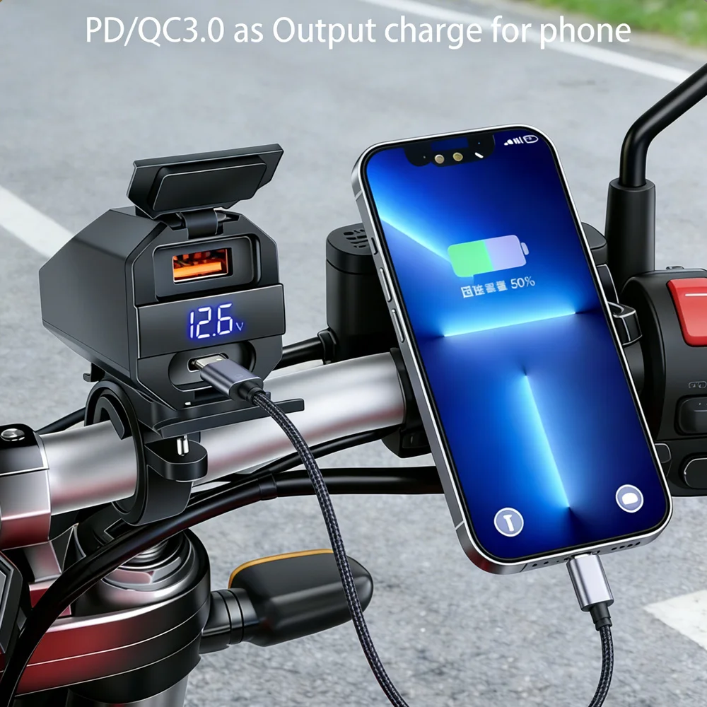6.8A PD+QC3.0 Motorcycle Phone Charger Handlebar Dual USB Socket 60W Waterproof 12V Power Supply Adapter with Switch Voltmeter