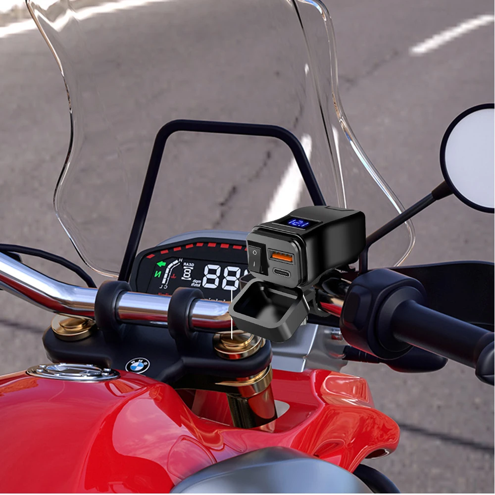 6.8A PD+QC3.0 Motorcycle Phone Charger Handlebar Dual USB Socket 60W Waterproof 12V Power Supply Adapter with Switch Voltmeter
