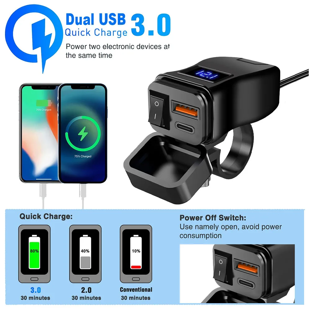 6.8A PD+QC3.0 Motorcycle Phone Charger Handlebar Dual USB Socket 60W Waterproof 12V Power Supply Adapter with Switch Voltmeter