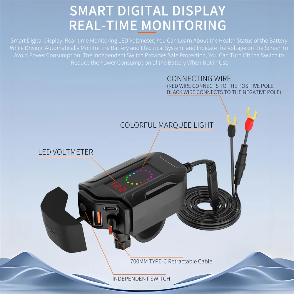 6.8A PD+QC3.0 Motorcycle Phone Charger Handlebar Dual USB Socket 60W Waterproof 12V Power Supply Adapter with Switch Voltmeter