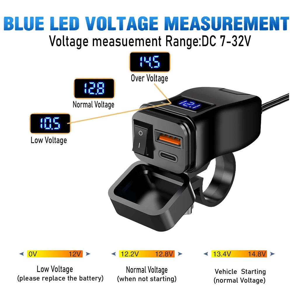 6.8A PD+QC3.0 Motorcycle Phone Charger Handlebar Dual USB Socket 60W Waterproof 12V Power Supply Adapter with Switch Voltmeter