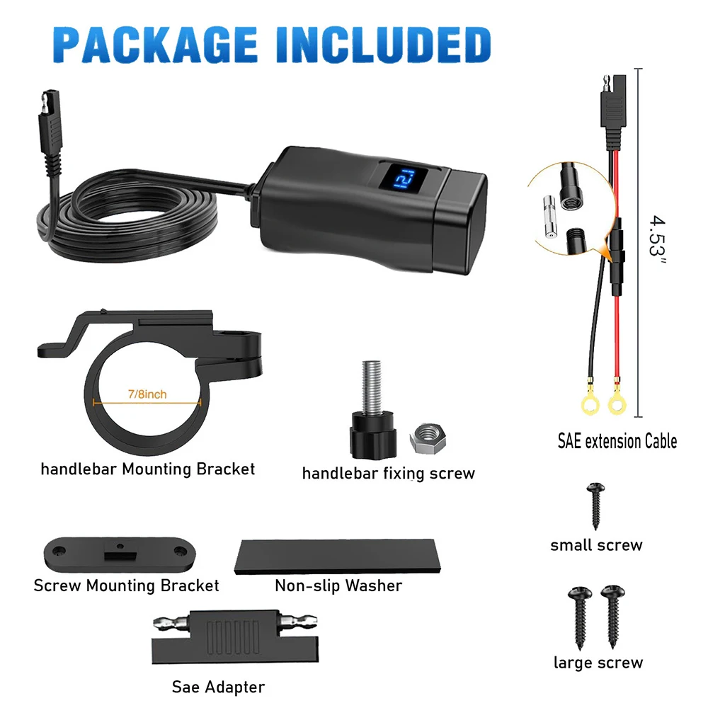 6.8A PD+QC3.0 Motorcycle Phone Charger Handlebar Dual USB Socket 60W Waterproof 12V Power Supply Adapter with Switch Voltmeter