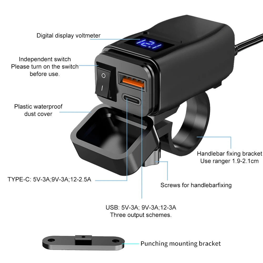 6.8A PD+QC3.0 Motorcycle Phone Charger Handlebar Dual USB Socket 60W Waterproof 12V Power Supply Adapter with Switch Voltmeter