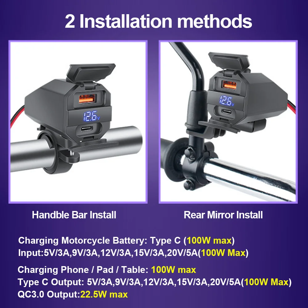 6.8A PD+QC3.0 Motorcycle Phone Charger Handlebar Dual USB Socket 60W Waterproof 12V Power Supply Adapter with Switch Voltmeter
