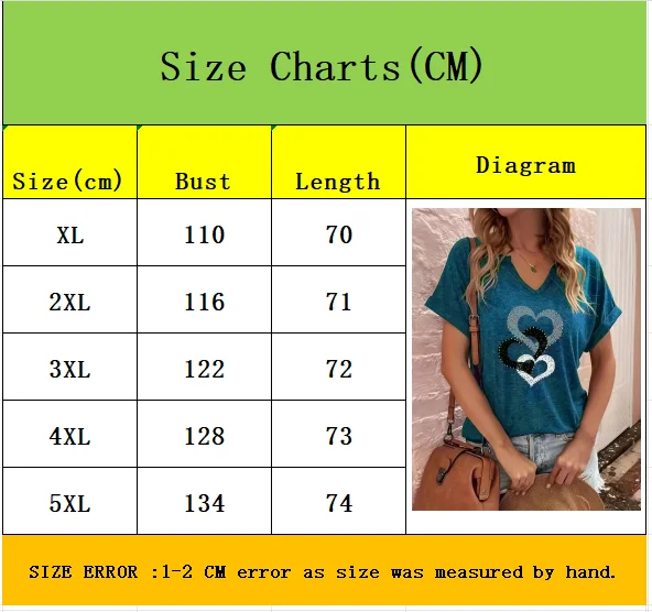 New summer folded sleeve heart print V-neck plus-size short-sleeved T-shirt