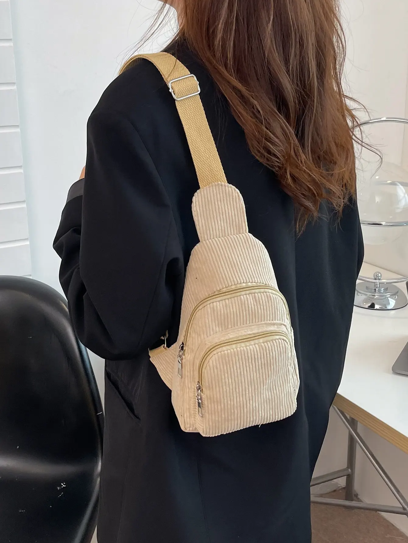 Chest bag corduroy women's chest bag casual lightweight waist bag Korean style versatile pure color extra soft crossbody small bag simple corduroy shoulder crossbody bag