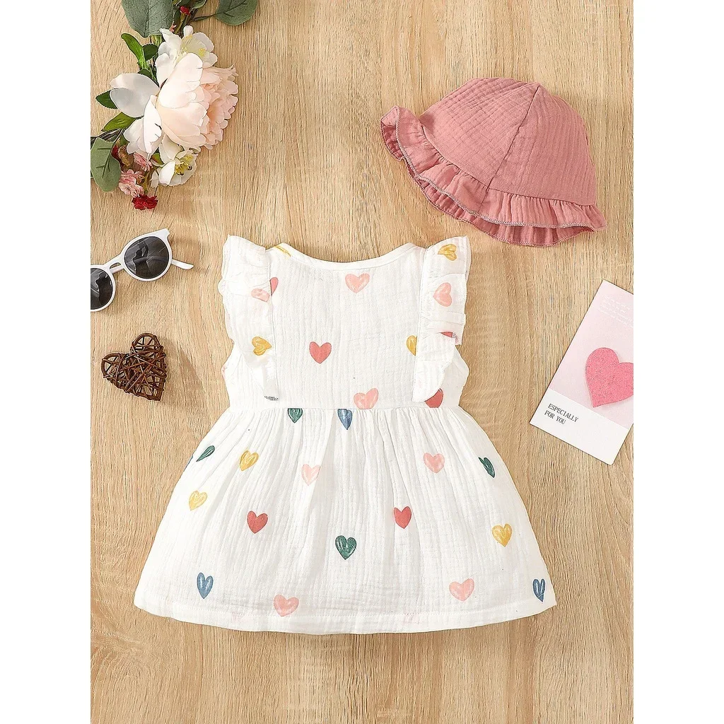 Newborn Baby Girl Sweet Cotton Dress Sleeveless Love Pattern Dress+Hat 2PCS Summer Beach Clothing for Infant Girl 0-9 Months