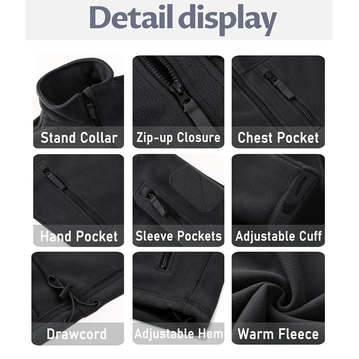 TACVASEN Men's Fleece Jacket Soft Warmth Windproof Full Zip Up Coat Multiple Zipper Pockets Hiking Working Outdoors Windbreaker