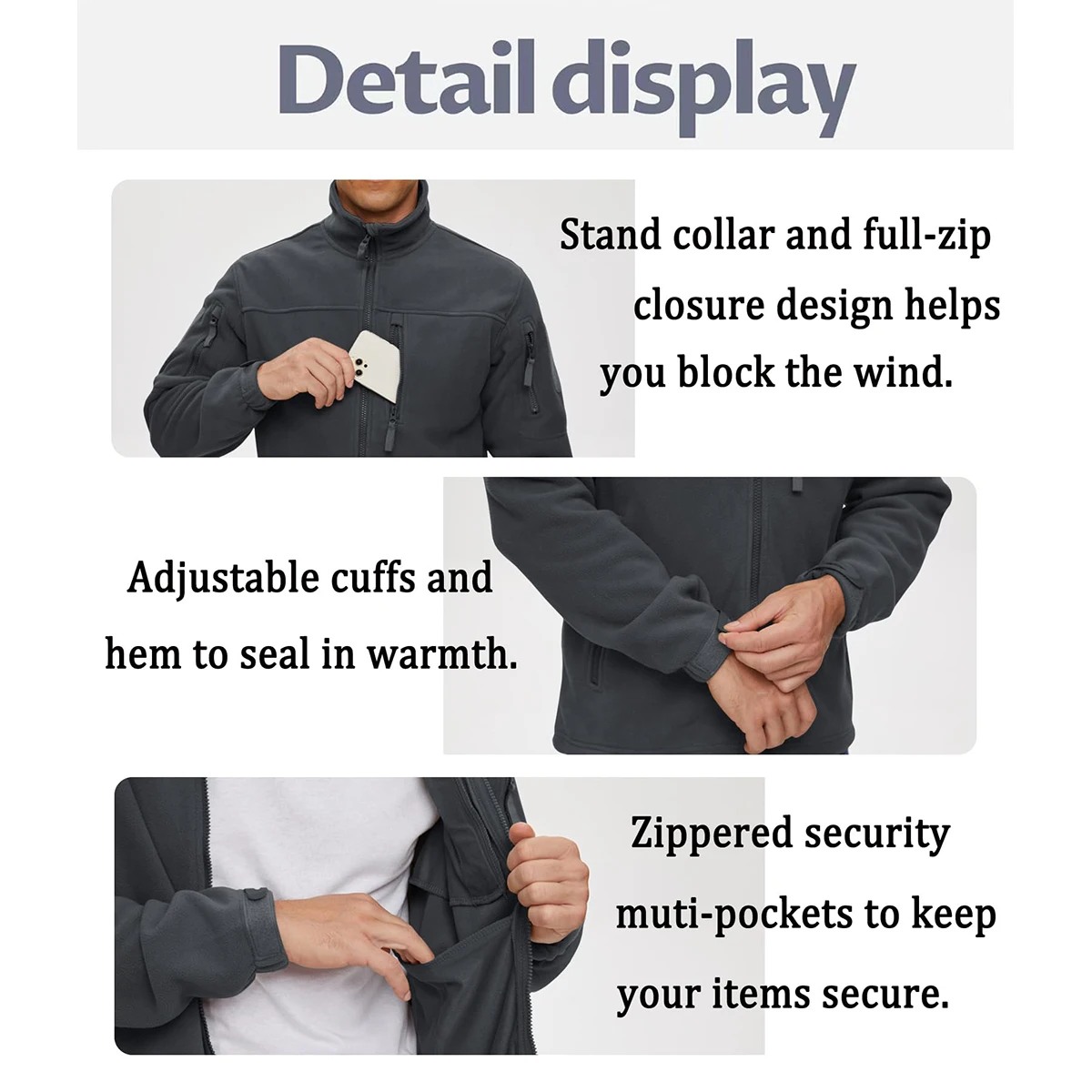 TACVASEN Men's Fleece Jacket Soft Warmth Windproof Full Zip Up Coat Multiple Zipper Pockets Hiking Working Outdoors Windbreaker