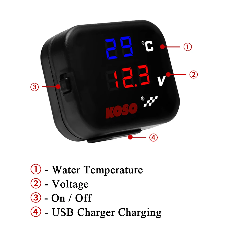 KOSO Water Temp Meter Voltmeter Gauge Motorcycle Phone USB Charger Charging 3 in 1 Waterproof LCD Digital Display