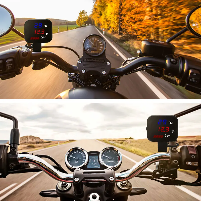 KOSO Water Temp Meter Voltmeter Gauge Motorcycle Phone USB Charger Charging 3 in 1 Waterproof LCD Digital Display