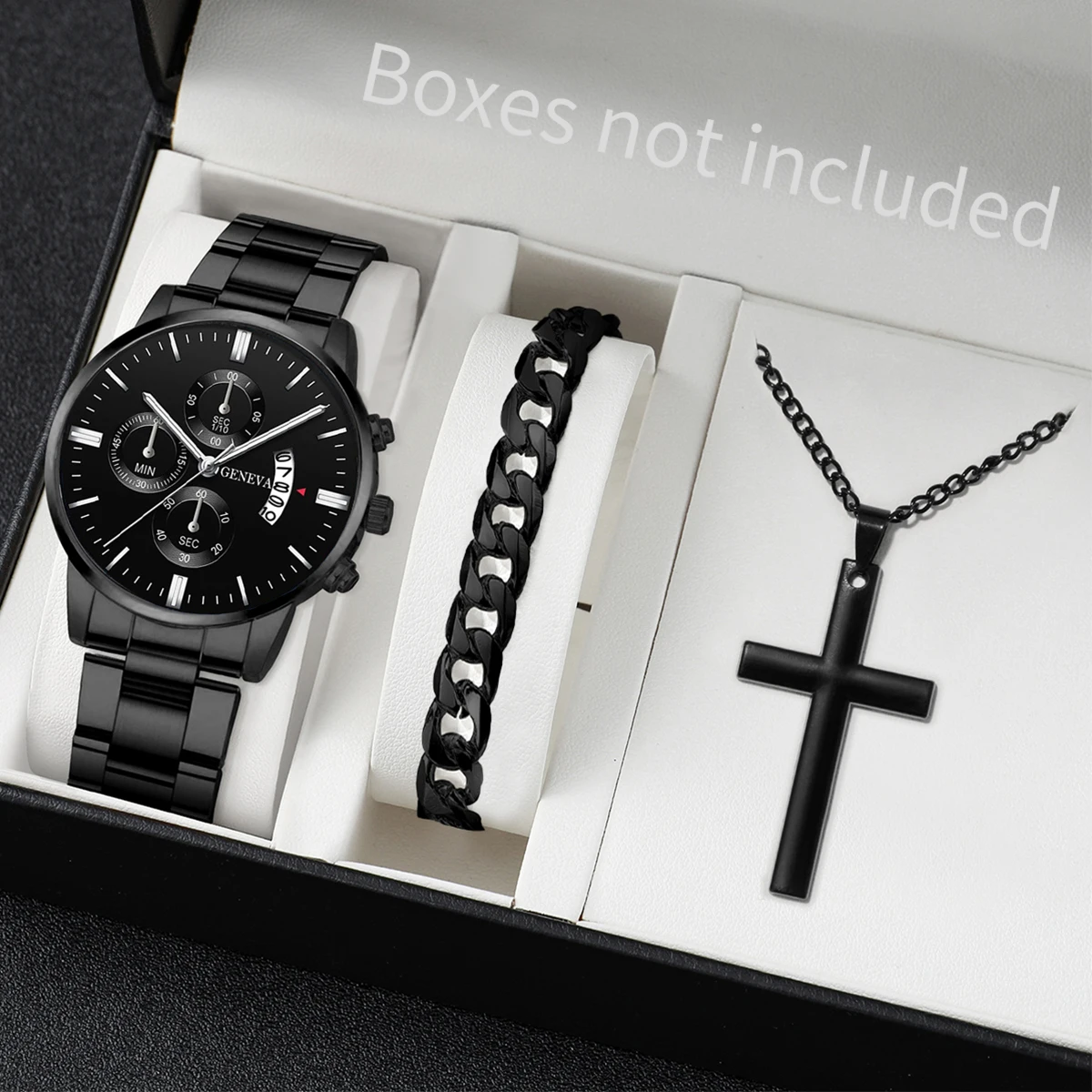3PCS/Set Fashion Men's Stainless Steel Band Watch Casual Calendar Quartz Watch Jewelry Set(Without Box)