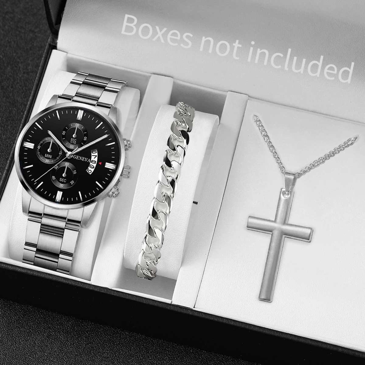 3PCS/Set Fashion Men's Stainless Steel Band Watch Casual Calendar Quartz Watch Jewelry Set(Without Box)