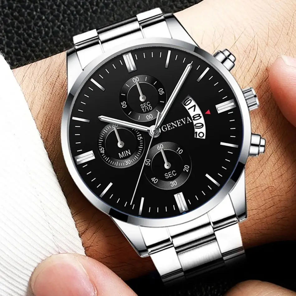 3PCS/Set Fashion Men's Stainless Steel Band Watch Casual Calendar Quartz Watch Jewelry Set(Without Box)