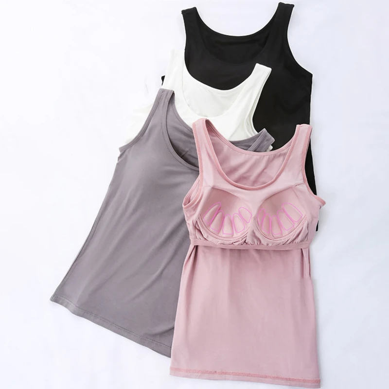 2026 Women's Vest Tops with Built In Bra Neck Vest Solid Color Padded Slim Fit Tank Tops Sexy Shirts Feminino Casual Tank Tops