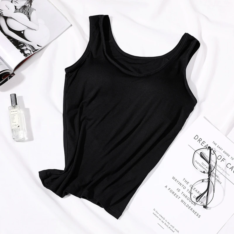 2026 Women's Vest Tops with Built In Bra Neck Vest Solid Color Padded Slim Fit Tank Tops Sexy Shirts Feminino Casual Tank Tops