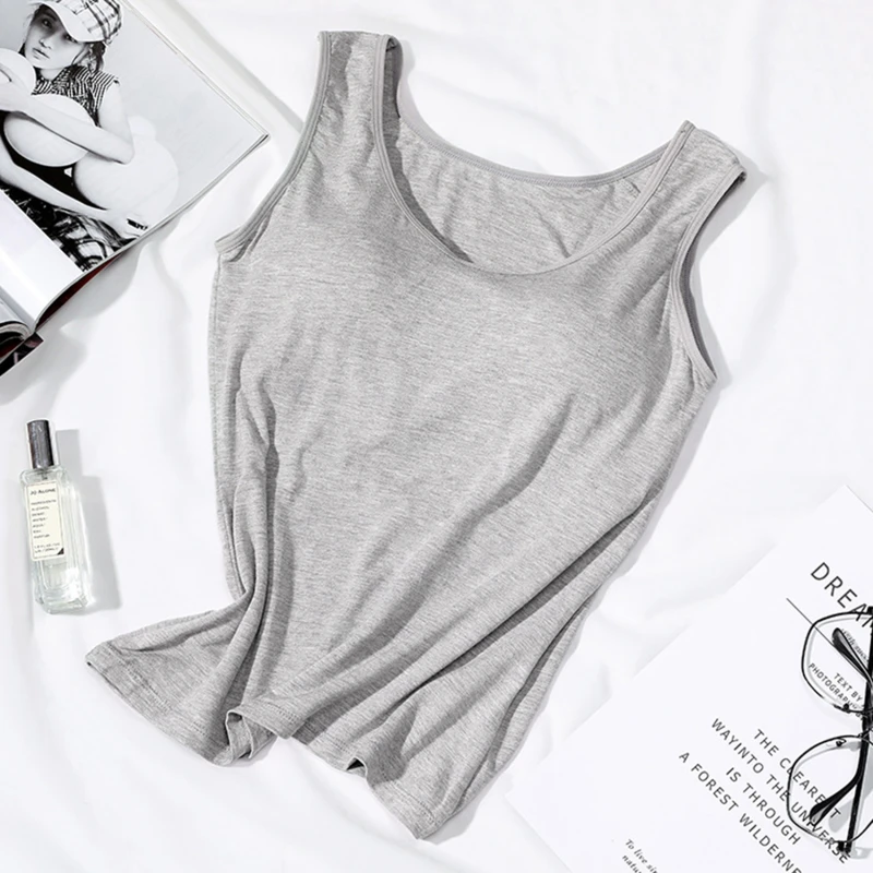2026 Women's Vest Tops with Built In Bra Neck Vest Solid Color Padded Slim Fit Tank Tops Sexy Shirts Feminino Casual Tank Tops