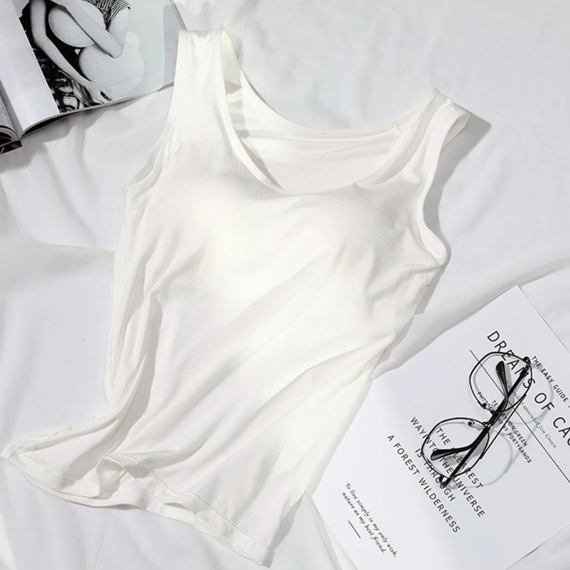 2026 Women's Vest Tops with Built In Bra Neck Vest Solid Color Padded Slim Fit Tank Tops Sexy Shirts Feminino Casual Tank Tops