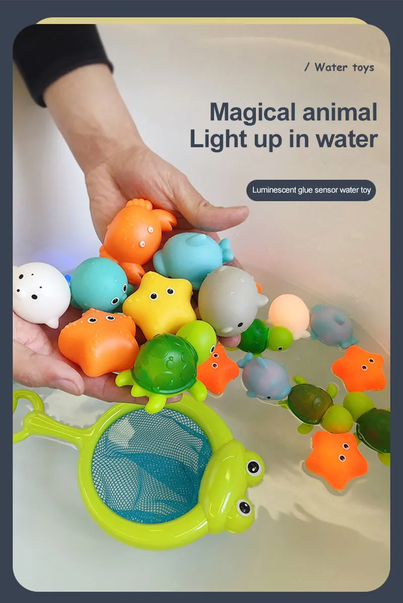 Baby Cute Animals Bath Toy LED Light Up Toys Swimming Water Soft Rubber Float Induction Luminous Duck for Kids Play Funny Gifts