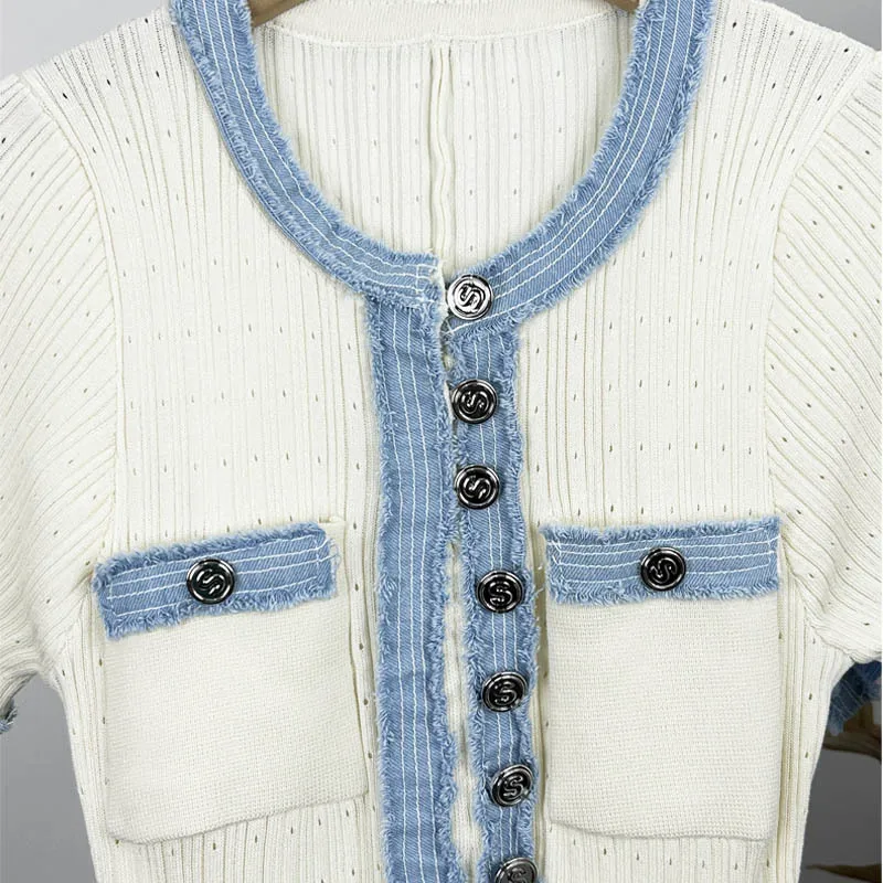 Elegant V Neck Denim Patchwork Knitted Long Dress Women Fashion Short Sleeved Buttons Bodycon Dresses Office Lady Pockets Robes