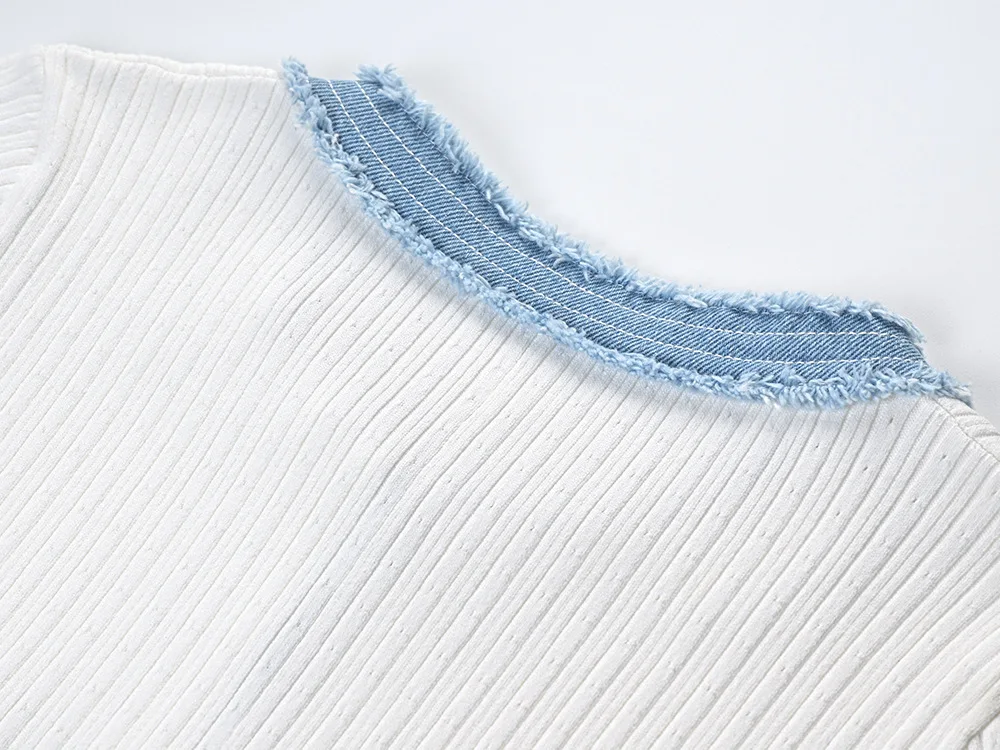Elegant V Neck Denim Patchwork Knitted Long Dress Women Fashion Short Sleeved Buttons Bodycon Dresses Office Lady Pockets Robes
