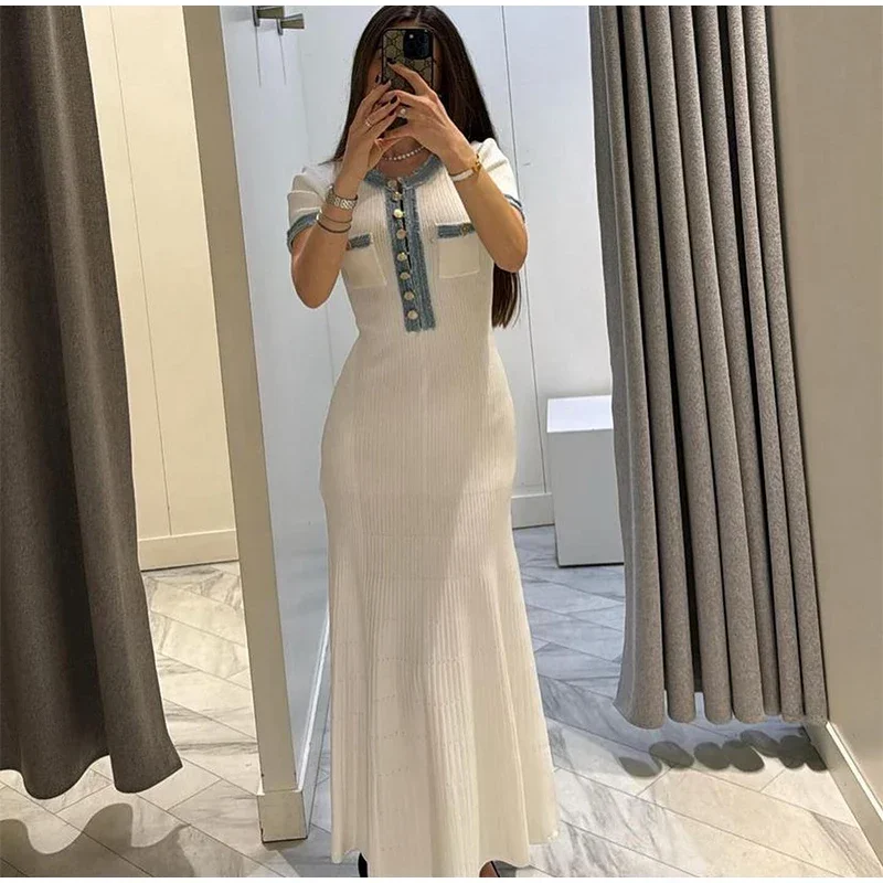 Elegant V Neck Denim Patchwork Knitted Long Dress Women Fashion Short Sleeved Buttons Bodycon Dresses Office Lady Pockets Robes