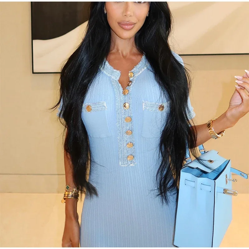 Elegant V Neck Denim Patchwork Knitted Long Dress Women Fashion Short Sleeved Buttons Bodycon Dresses Office Lady Pockets Robes