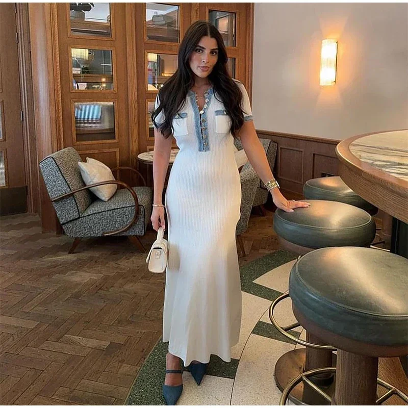 Elegant V Neck Denim Patchwork Knitted Long Dress Women Fashion Short Sleeved Buttons Bodycon Dresses Office Lady Pockets Robes