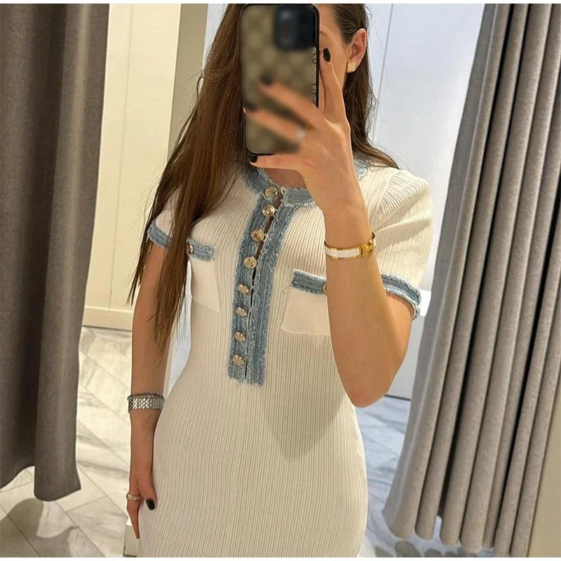 Elegant V Neck Denim Patchwork Knitted Long Dress Women Fashion Short Sleeved Buttons Bodycon Dresses Office Lady Pockets Robes