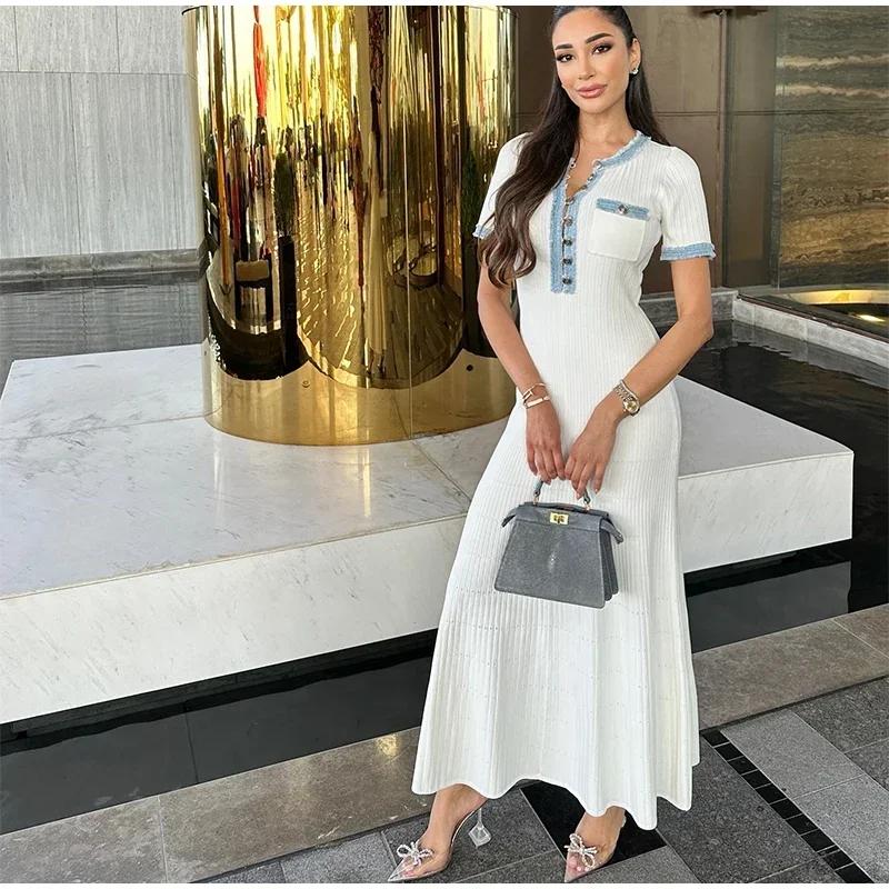 Elegant V Neck Denim Patchwork Knitted Long Dress Women Fashion Short Sleeved Buttons Bodycon Dresses Office Lady Pockets Robes