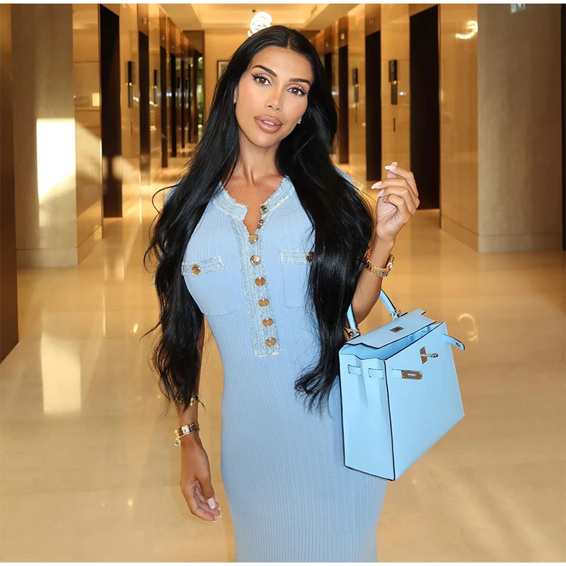 Elegant V Neck Denim Patchwork Knitted Long Dress Women Fashion Short Sleeved Buttons Bodycon Dresses Office Lady Pockets Robes