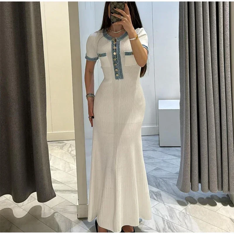 Elegant V Neck Denim Patchwork Knitted Long Dress Women Fashion Short Sleeved Buttons Bodycon Dresses Office Lady Pockets Robes