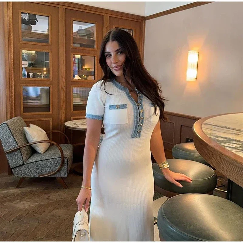 Elegant V Neck Denim Patchwork Knitted Long Dress Women Fashion Short Sleeved Buttons Bodycon Dresses Office Lady Pockets Robes