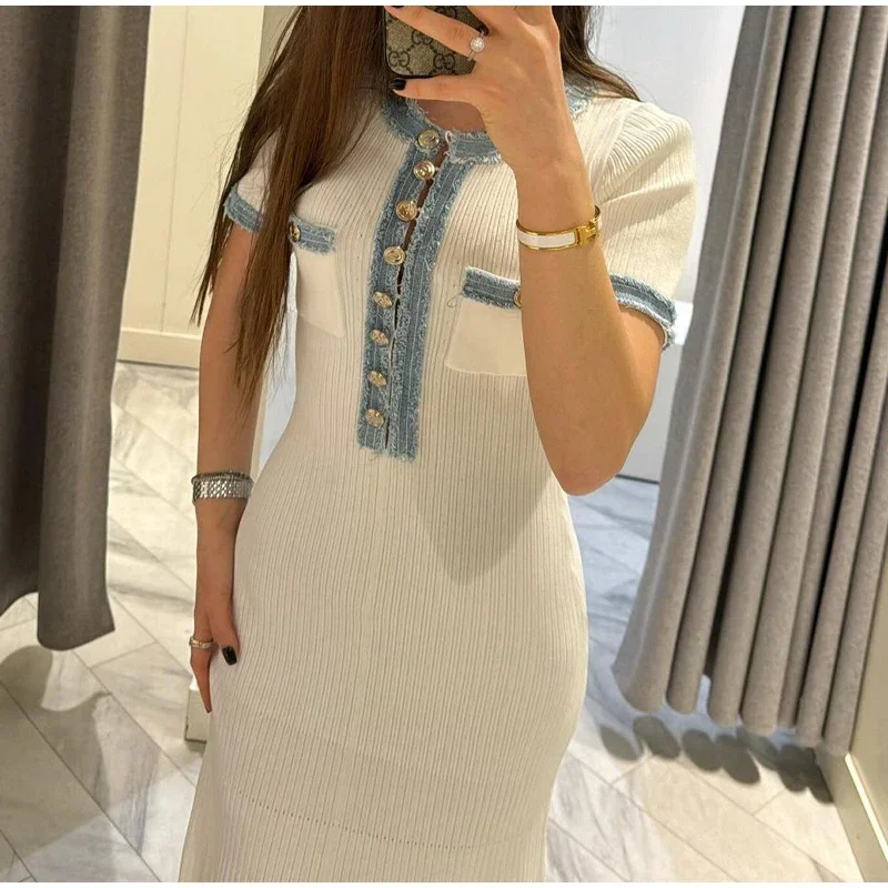 Elegant V Neck Denim Patchwork Knitted Long Dress Women Fashion Short Sleeved Buttons Bodycon Dresses Office Lady Pockets Robes