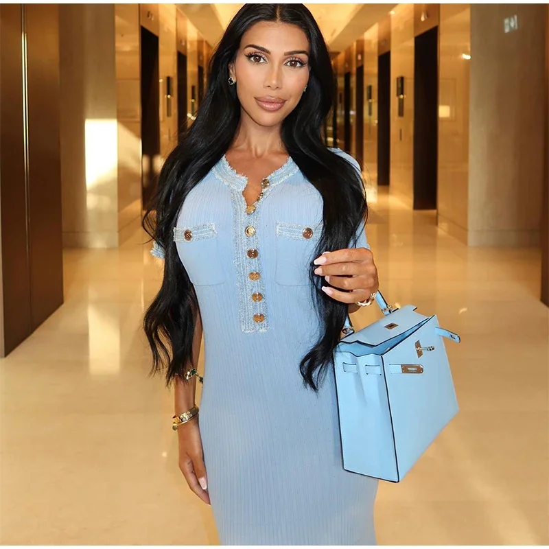 Elegant V Neck Denim Patchwork Knitted Long Dress Women Fashion Short Sleeved Buttons Bodycon Dresses Office Lady Pockets Robes