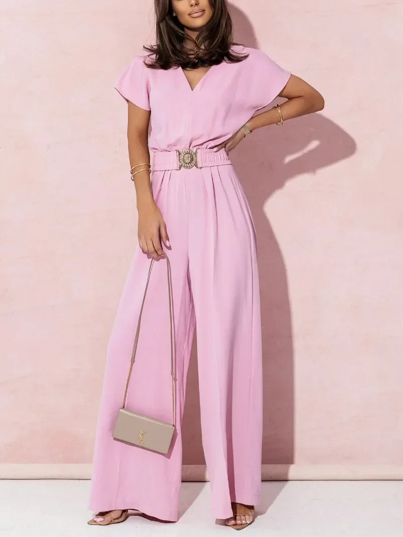 Spring Summer Women's Fashion V-neck Short Sleeve Jumpsuit Ladies Casual Belt Solid Color Jumpsuit