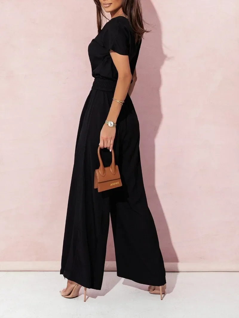 Spring Summer Women's Fashion V-neck Short Sleeve Jumpsuit Ladies Casual Belt Solid Color Jumpsuit