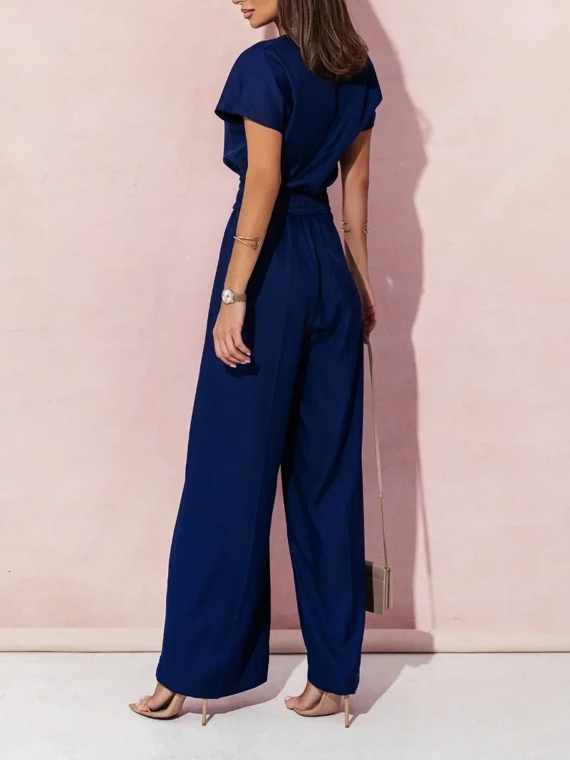 Spring Summer Women's Fashion V-neck Short Sleeve Jumpsuit Ladies Casual Belt Solid Color Jumpsuit