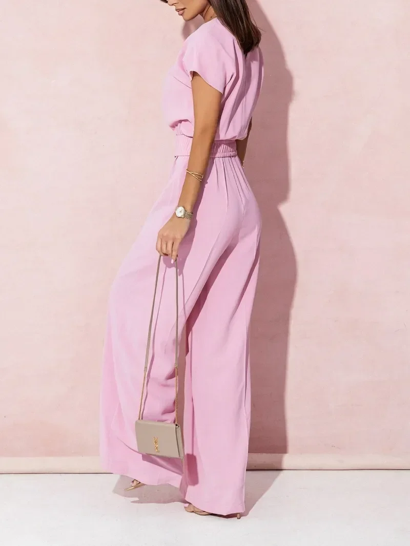 Spring Summer Women's Fashion V-neck Short Sleeve Jumpsuit Ladies Casual Belt Solid Color Jumpsuit