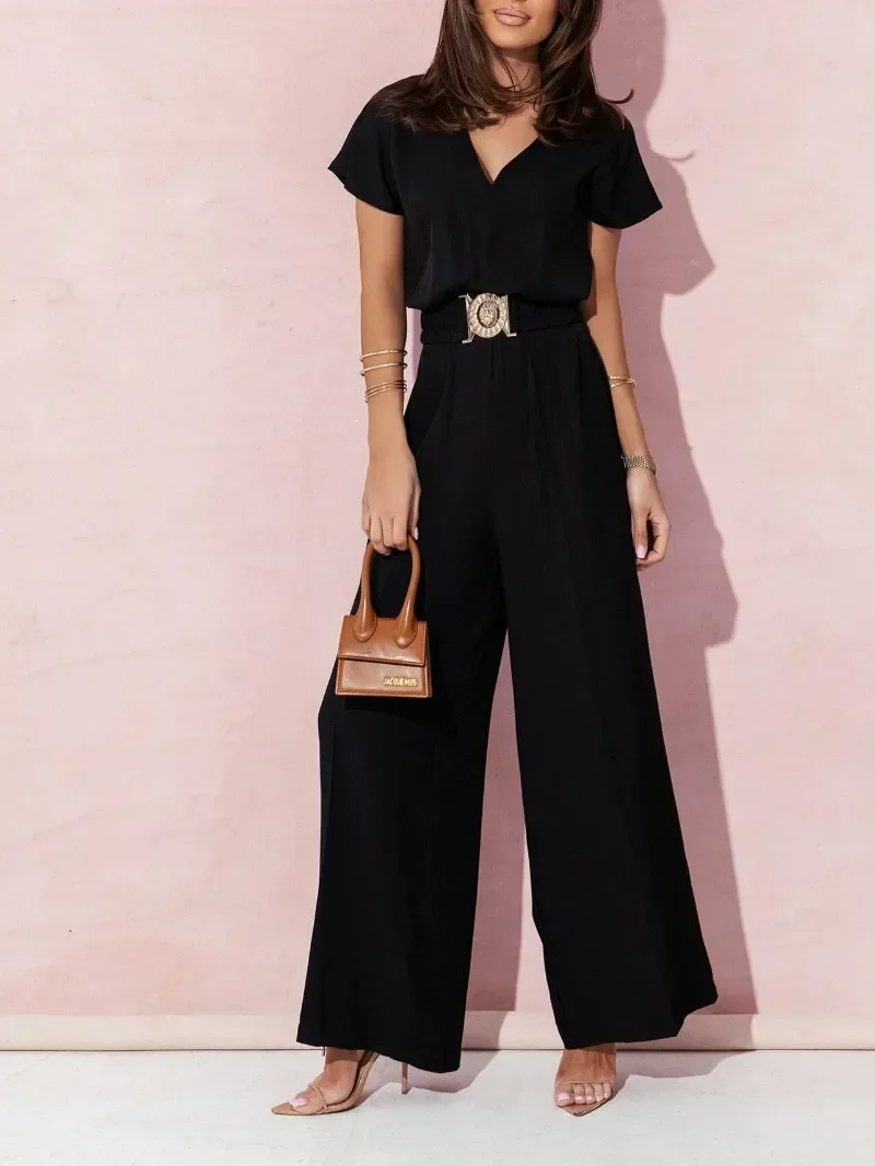 Spring Summer Women's Fashion V-neck Short Sleeve Jumpsuit Ladies Casual Belt Solid Color Jumpsuit