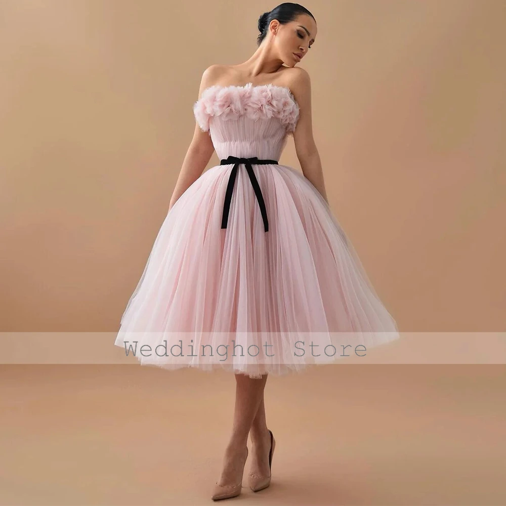 Customized Elegant Birthday Party Dresses Midi Pink Net Ruched Handmade Flower A-line Strapless Women's Cocktail Party Gowns