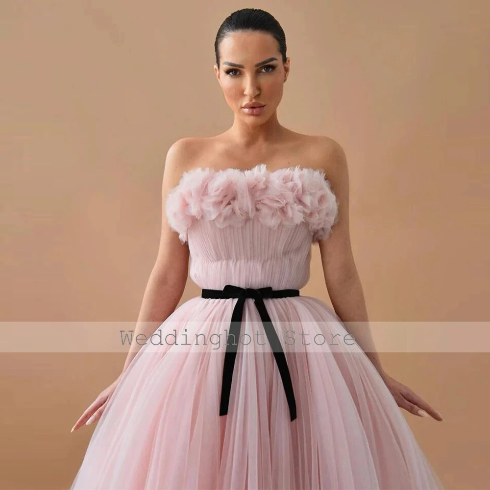 Customized Elegant Birthday Party Dresses Midi Pink Net Ruched Handmade Flower A-line Strapless Women's Cocktail Party Gowns
