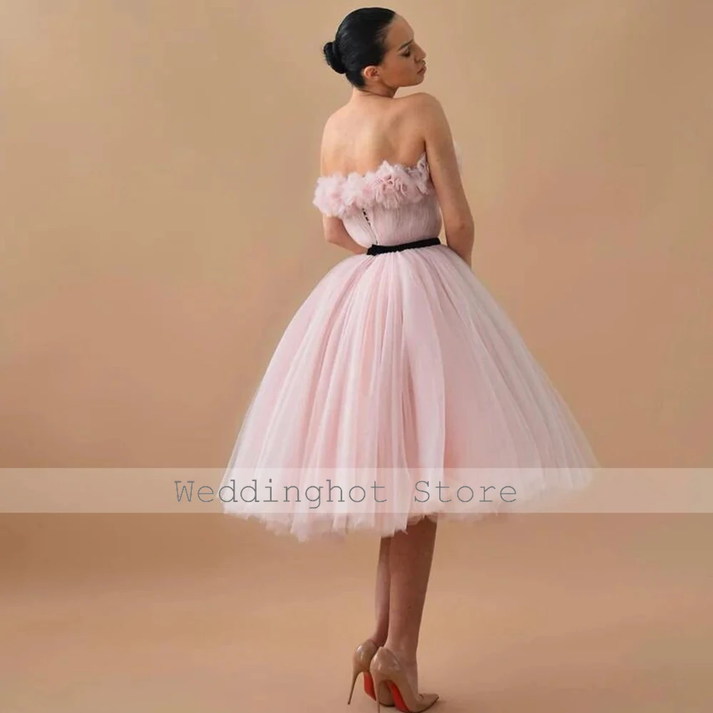 Customized Elegant Birthday Party Dresses Midi Pink Net Ruched Handmade Flower A-line Strapless Women's Cocktail Party Gowns