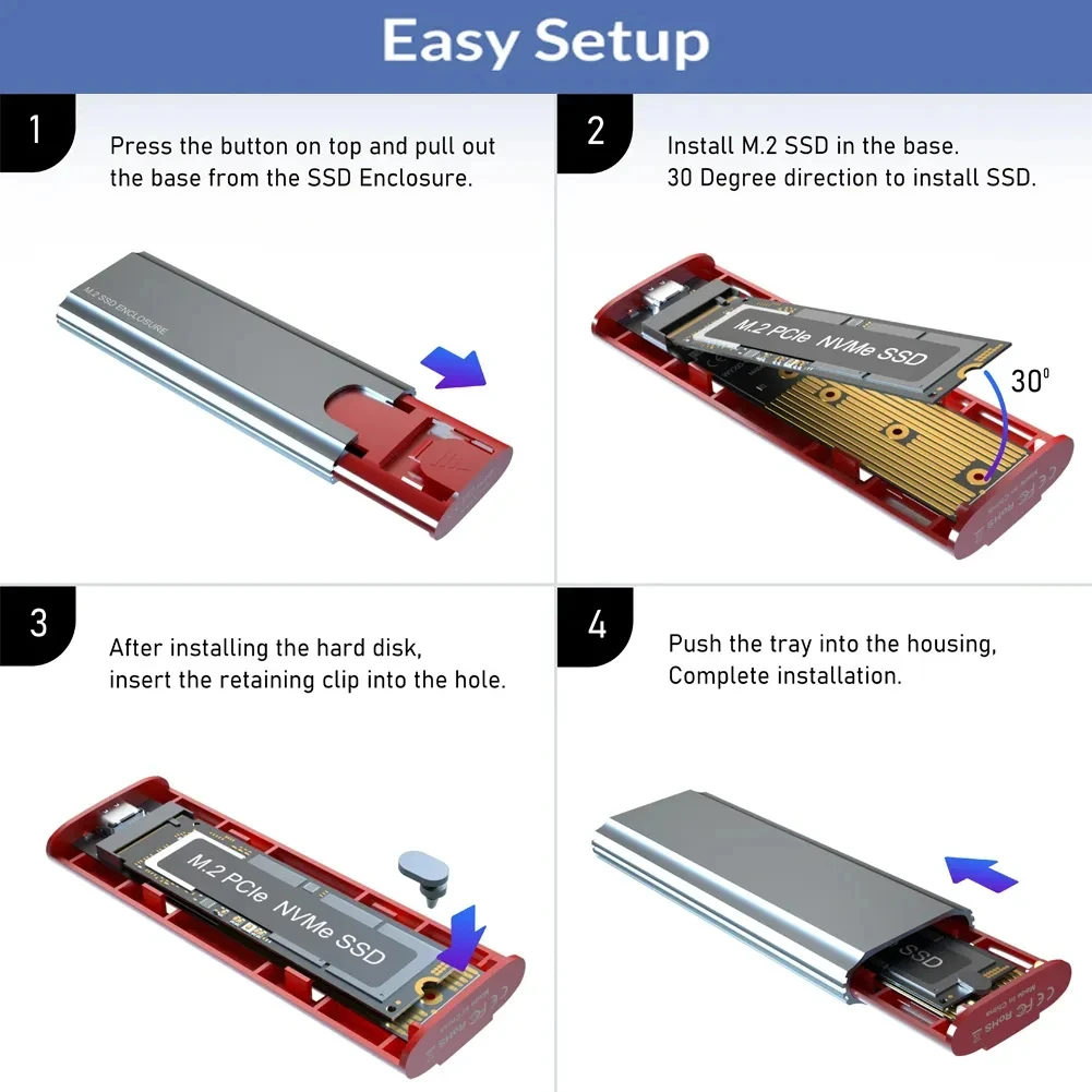 M2 SSD Case M.2 NVMe SATA SSD Enclosure Adapter 10Gbps USB 3.2 Gen2 USB C External Enclosure Supports M and B and B&M Keys