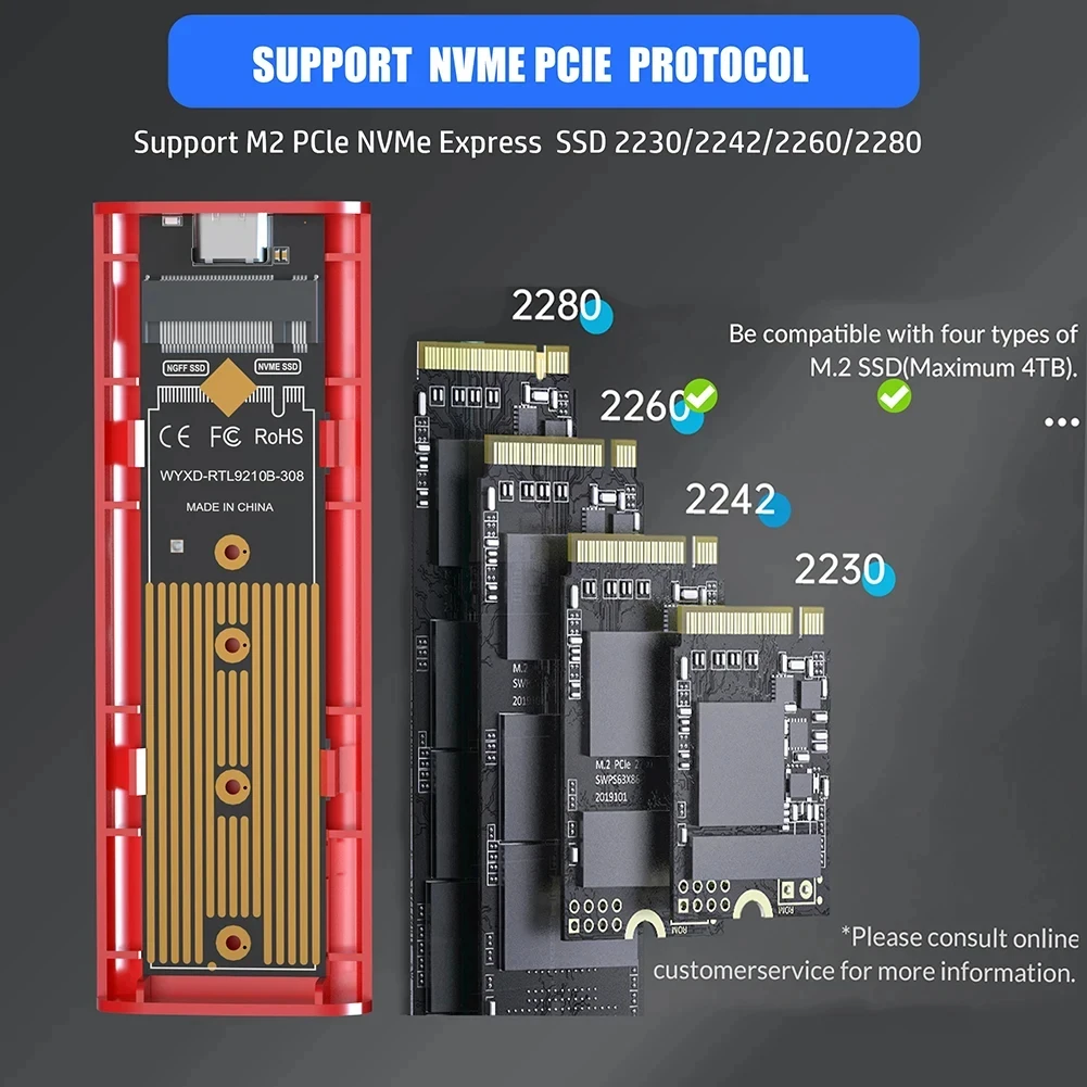 M2 SSD Case M.2 NVMe SATA SSD Enclosure Adapter 10Gbps USB 3.2 Gen2 USB C External Enclosure Supports M and B and B&M Keys