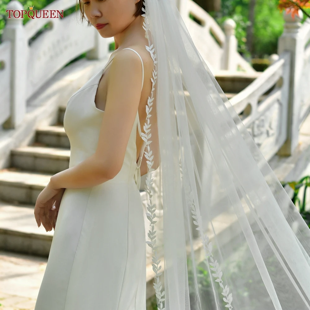 TOPQUEEN V129 Wedding Veil Lace Edge Bridal Veils 3M White Ivory Wedding Veil Thin Scallop Lace Trim Cathedral Mantilla Veu