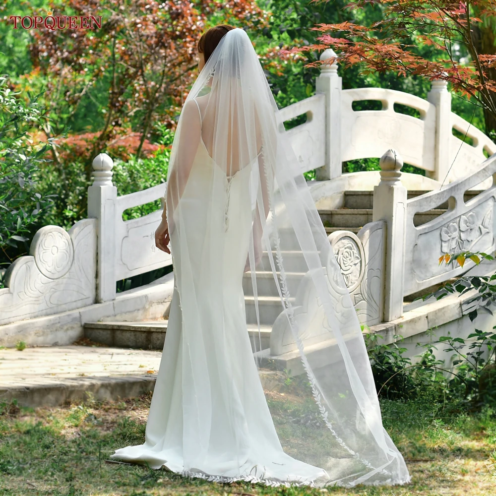 TOPQUEEN V129 Wedding Veil Lace Edge Bridal Veils 3M White Ivory Wedding Veil Thin Scallop Lace Trim Cathedral Mantilla Veu