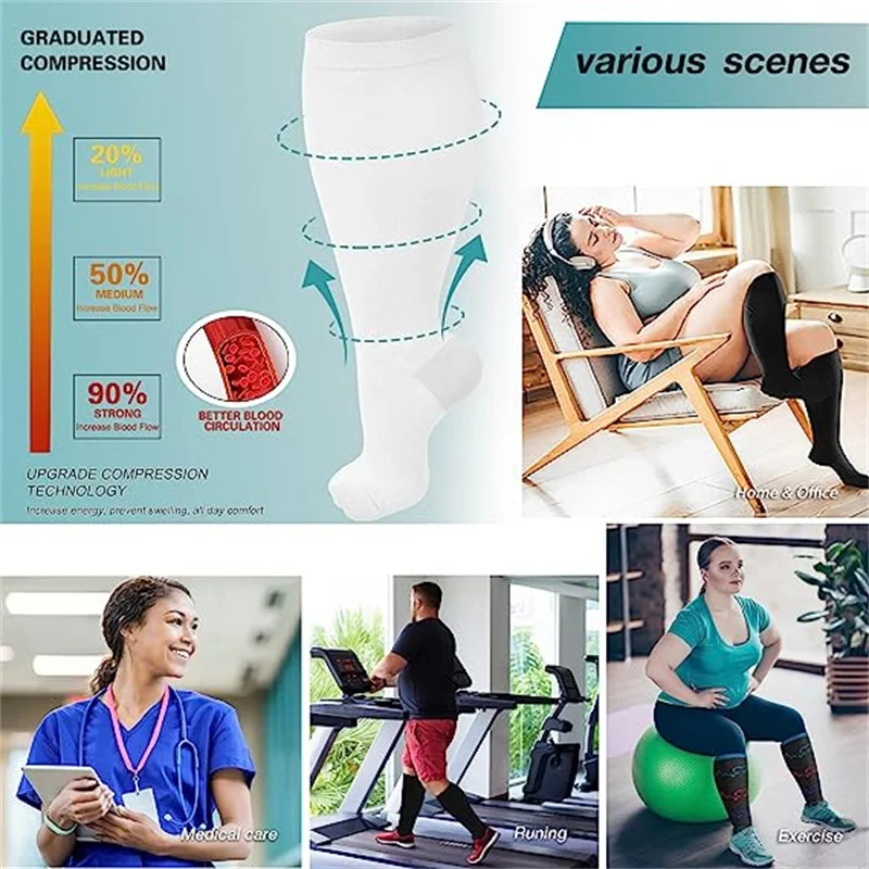 2XL-7XL Plus Size Compression Socks Solid Color Women Men Sports Running Yoga Extra Size Fat Sock for Sports Fitness Weight Loss
