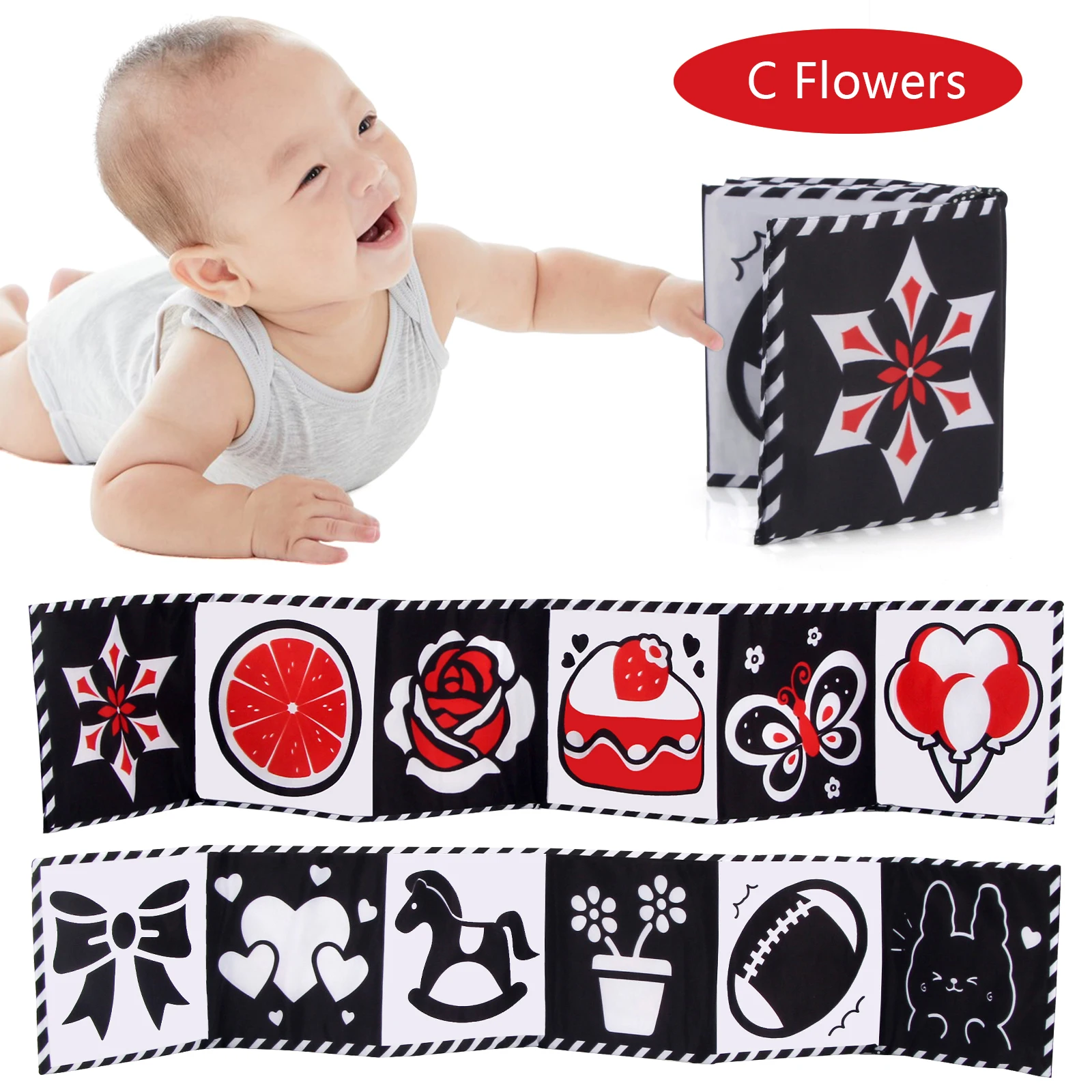 Baby Cloth Book High Contrast Baby Toys 0M+ Newborn Crib Toys Black and White Animal Sensory Cloth Books Montessori Toys